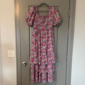 Free the Roses Floral Puff Sleeve Smocked Maxi Dress Size S